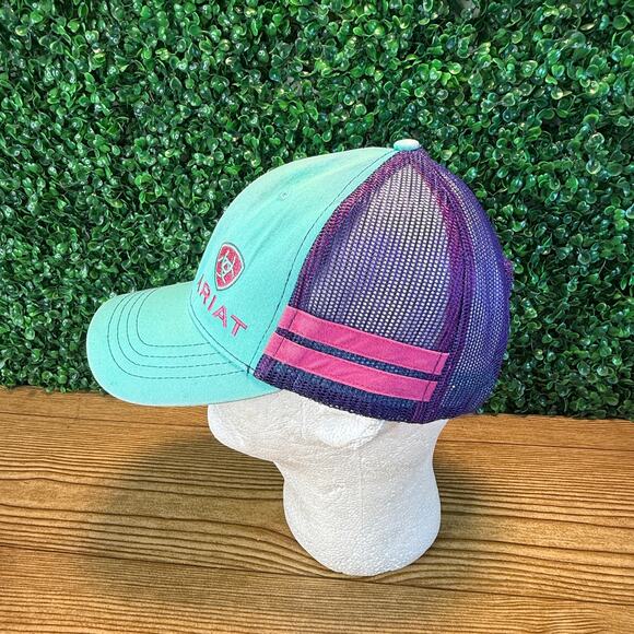 Women’s Ariat Adjustable Teal Purple Pink Striped Logo Cap Trucker Hat - Picture 10 of 11